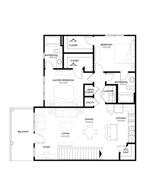 2BR 2BA (1152 SF) Floor Plan at The Villas at Germantown, Memphis, TN